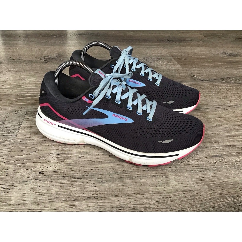 Brooks Ghost 15 Womens Running Shoes 9.5 Ebony Blue Pink 1203801B082 Medium B